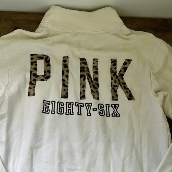 PINK Off-White Logo Animal Print Partial Zip Up Sweater - Picture 7 of 10